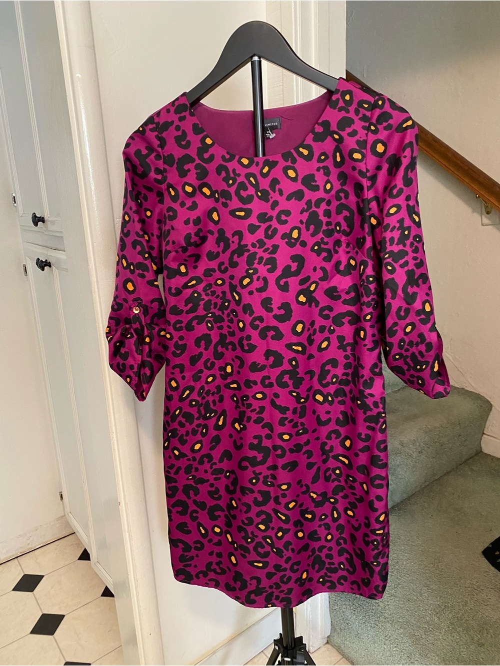 The Limited Purple and Black Leopard Print Shift Dress with Yellow Accents